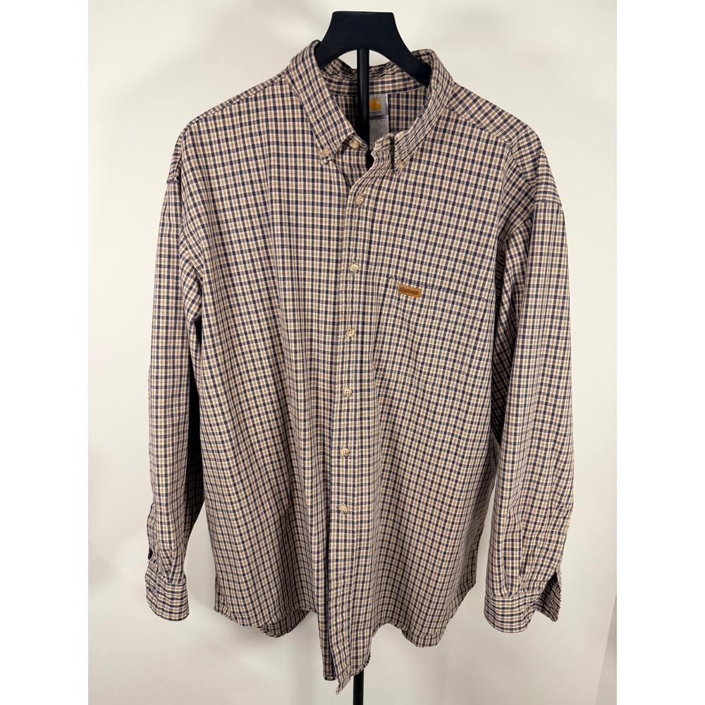 Carhartt Mens 2XL Plaid Button Down Shirt Blue Tan Long Sleeve Workwear USA Made
